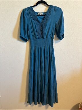 Teal Puff-Sleeve Midi Dress with Smocked Waist